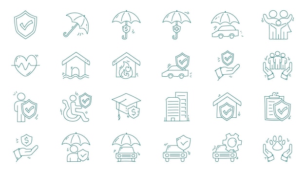 Conjunto de iconos de línea con colecciones de iconos de garabatos de elemento de seguro de seguro