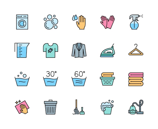 Conjunto de iconos de línea de Color de lavandería y limpieza. Lavadora, Percha y más.