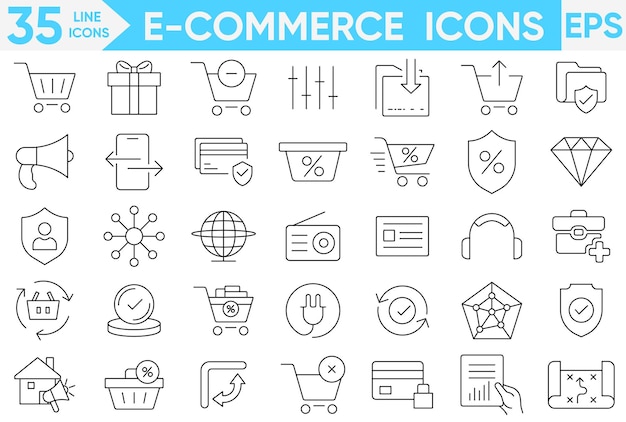 El conjunto de iconos de línea de comercio electrónico, las compras en línea y los elementos de entrega, la compra en la tienda, la comercialización, la entrega, los iconos, el conjunto de vectores e ilustradores.