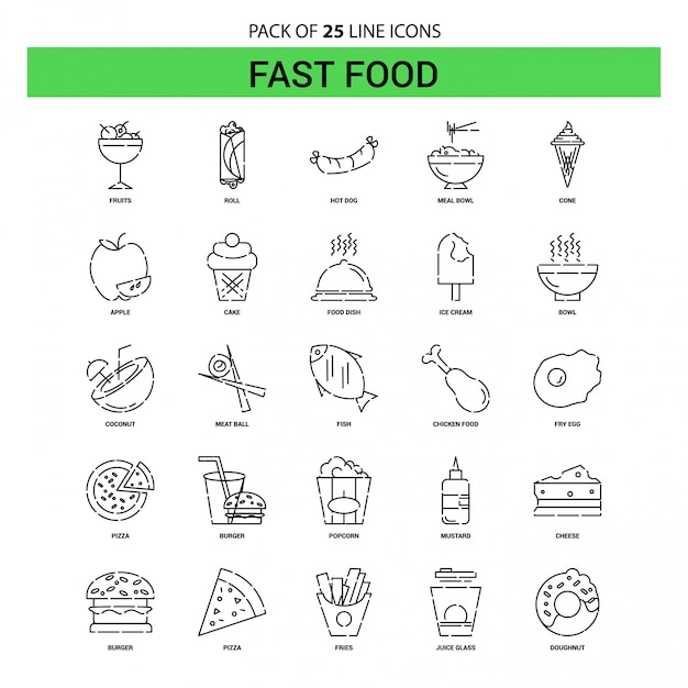 Conjunto de iconos de línea de comida rápida - 25 estilo de esquema discontinuo