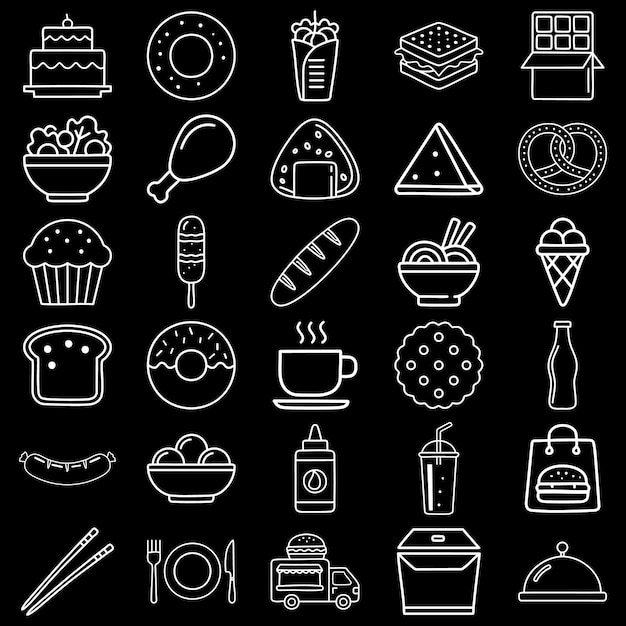 Conjunto de iconos de línea de comida rápida y bebidas en fondo negro