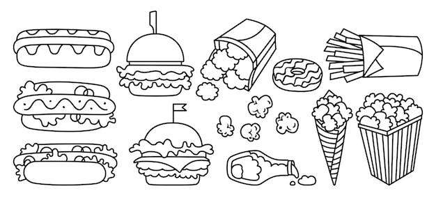conjunto de iconos de línea de comida rápida hot dog hamburguesa nuggets de papa colección de salsa de tomate y palomitas de maíz