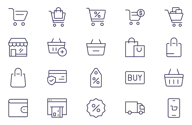 El conjunto de iconos de la línea de compras contiene iconos como tienda móvil, carrito de compras, testimonios, envío y entrega, moda y más.