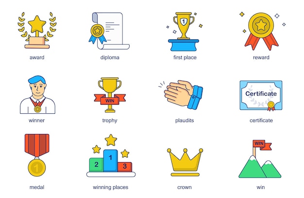 Conjunto de iconos de línea de concepto de premio empresarial Paquete de pictogramas de esquema del ganador del premio del primer lugar del diploma