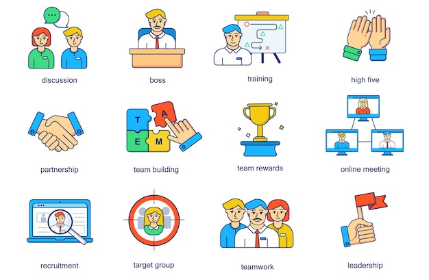 Conjunto de iconos de línea de concepto de trabajo en equipo paquete de pictogramas de esquema de entrenamiento de jefe de discusión choca esos cinco