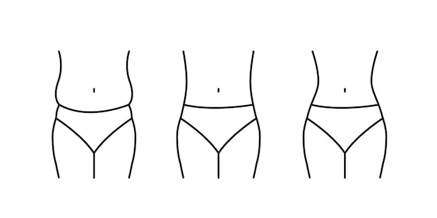 El conjunto de iconos de la línea del cuerpo de la cintura delgada El control de la pérdida de peso La pérdida de grasa Mide el signo de la cinta