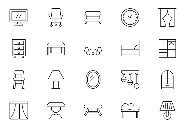 Conjunto de iconos de la línea de decoración del hogar Decoración de la sala de estar de la cocina Diseño interior del dormitorio