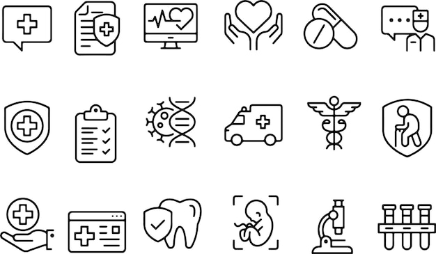 Conjunto de iconos de línea delgada de atención médica de salud Colección de símbolos de farmacia de hospital de atención médica