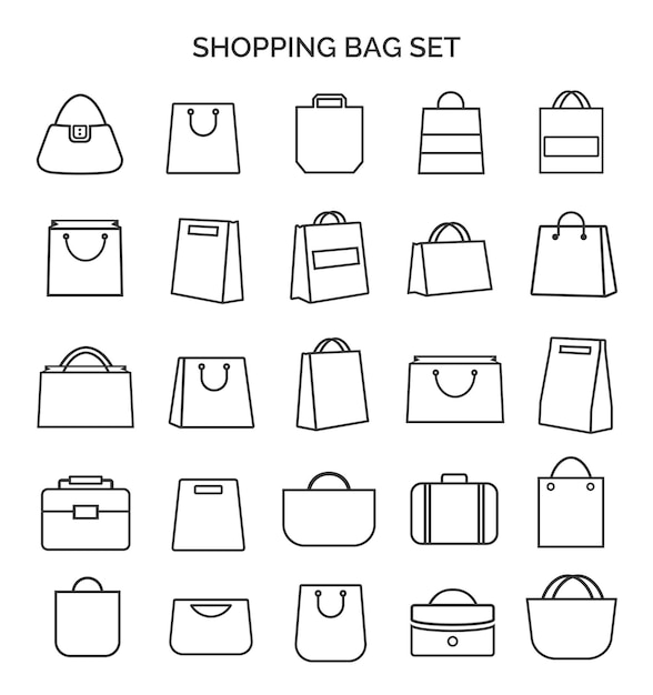 Conjunto de iconos de línea delgada de la bolsa de compras de color negro y estilo plano aislados en fondo blanco Ilustración vectorial