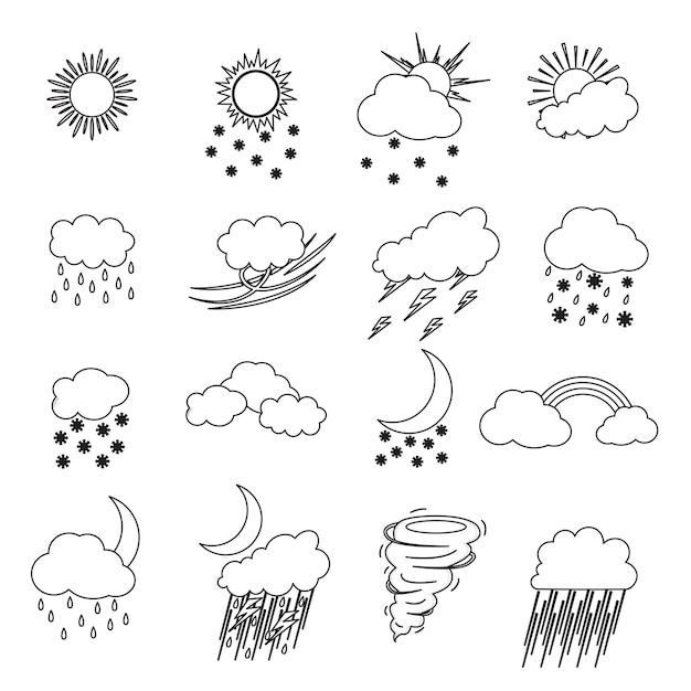 Conjunto de iconos de línea delgada de clima de dibujos animados Concepto de pronóstico de meteorología para diseño web Ilustración de vector de estilo plano