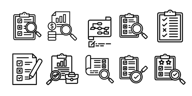 Conjunto de iconos de línea delgada de evaluación que contiene una lista de comprobación de la calidad de la revisión del conjunto de iconos del vector de la encuesta