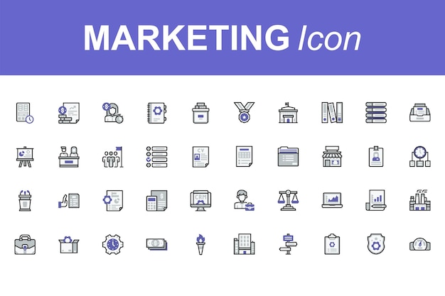 Conjunto de iconos de línea delgada de publicidad de marketing e icono de publicación en redes sociales