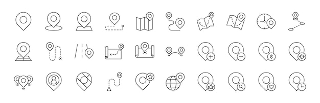 Conjunto de iconos de línea delgada relacionados con el mapa de geolocalización Conjunto del mapa de ubicación de puntos Iconos de colección Editable Iconos del mapa de locación de trazos Icones del conjunto del mapa Icones vectoriales Ubicaciones pinos Lugares y destinos