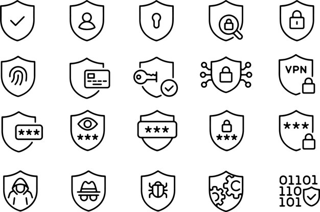 Conjunto de iconos de línea delgada de seguridad cibernética protección de datos de Internet escudo privacidad autenticación seguridad