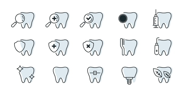 Conjunto de iconos de línea dental limpia que muestran aparatos dentales implantes herramientas dentales símbolo de higiene bucal