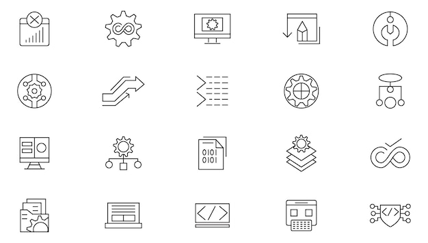 Conjunto de iconos de línea de desarrollo de software Incluye paquete de iconas de datos del sitio web del programador de computación en la nube