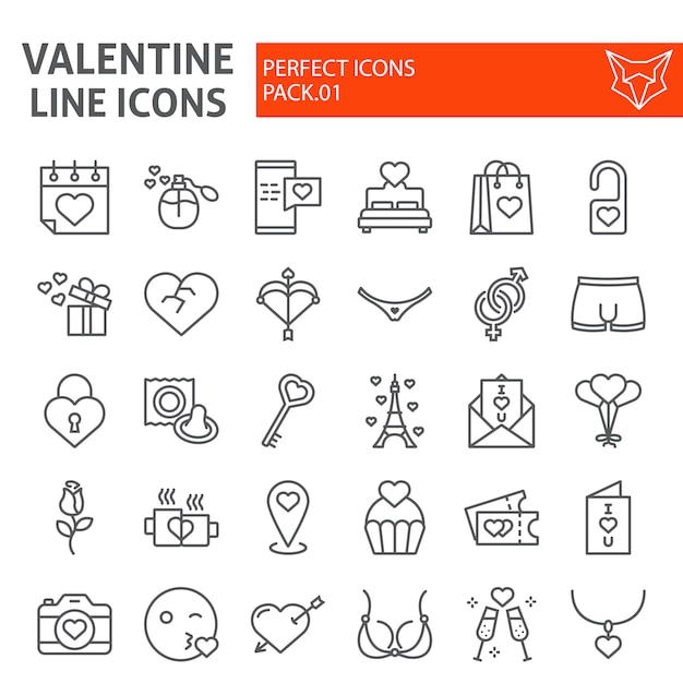 Conjunto de iconos de línea de día de San Valentín, colección de símbolos románticos