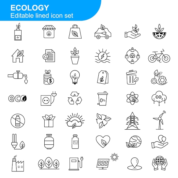 Conjunto de iconos de línea de ecología para la sostenibilidad, reciclaje de recursos, estilo de vida ecológico, producto orgánico