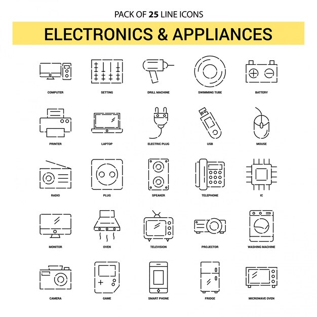 Conjunto de iconos de línea de electrónica y electrodomésticos - Estilo de contorno de 25 puntos