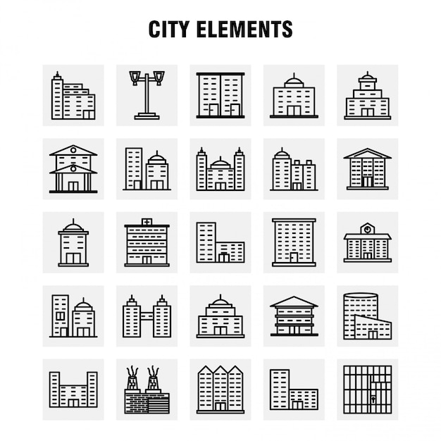 Conjunto de iconos de línea de elementos de ciudad