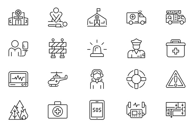 Conjunto de iconos de línea de emergencia Colección de iconos lineales Ilustración vectorial de trazo editable