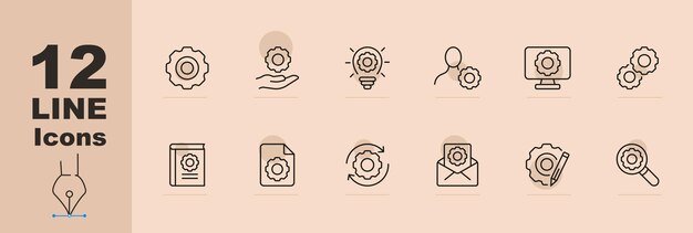 Conjunto de iconos de línea de engranajes Opciones de bombilla idea mecanismo de configuración Programa de fondo de color pastel Icono de línea vectorial para negocios
