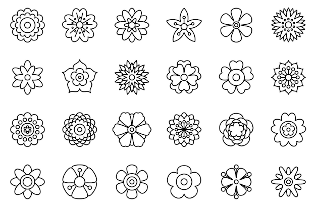 Conjunto de iconos de línea de flores de primavera aislado sobre fondo blanco. iconos florales simples. colección de silueta de flores decorativas. forma diferente y variada. ilustración vectorial de imágenes prediseñadas