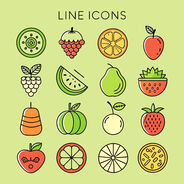 Un conjunto de iconos de la línea de frutas
