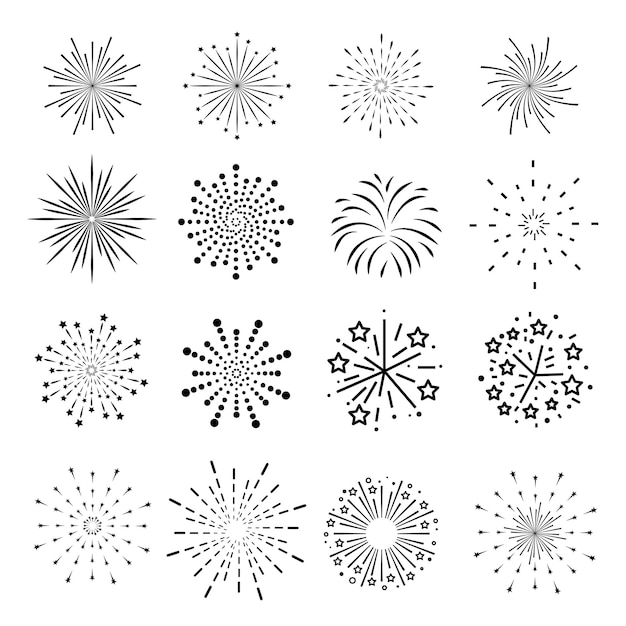 Vector conjunto de iconos de línea de fuegos artificiales y diseño de vectores de fuegos artificiales de feliz año nuevo