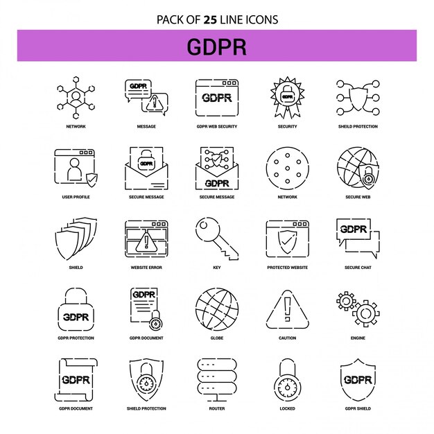 Conjunto de iconos de línea GDPR - 25 estilo de contorno discontinuo