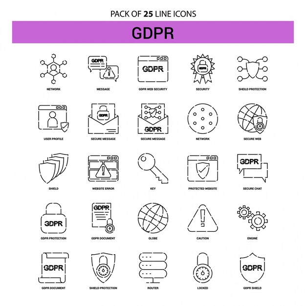 Conjunto de iconos de línea gdpr - 25 estilo de contorno discontinuo