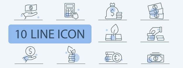 Conjunto de iconos de línea de gestión financiera Calculadora de ahorros Bolsa de ahorros Pila de dinero Inversión Crecimiento Monedas en euros Plan financiero Concepto de contabilidad de ahorro bancario