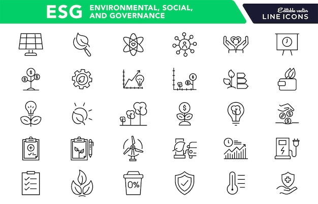 Conjunto de iconos de línea de gobernanza social y ambiental de ESG Ecology UI thin outline icon pack