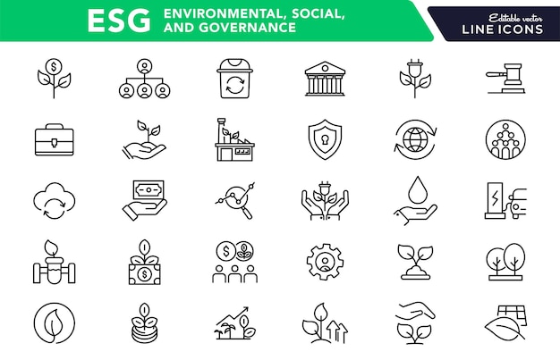 Conjunto de iconos de línea de gobernanza social y ambiental de ESG Ecology UI thin outline icon pack