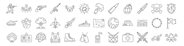 Conjunto de iconos de línea de guerra militar Pictogramas vectoriales de armas de soldados equipos de defensa tanques misiles
