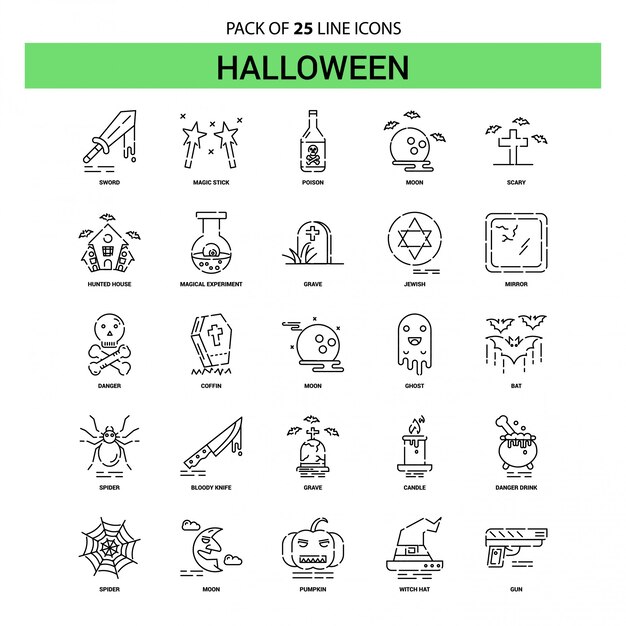 Conjunto de iconos de línea de halloween - 25 estilo de contorno discontinuo