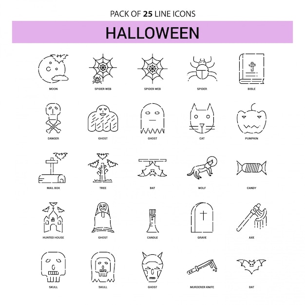 Conjunto de iconos de línea de Halloween - 25 estilo de contorno discontinuo