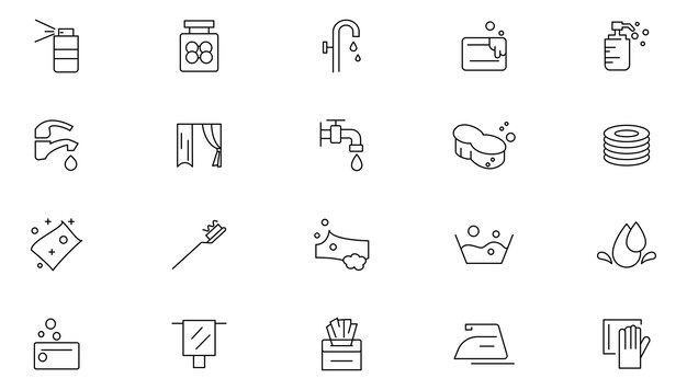 Conjunto de iconos de línea de higiene que contiene limpieza desinfección jabón baño barrido conjunto de iconos