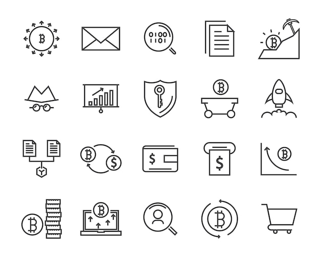 Conjunto de iconos de línea, icono de criptomoneda, colección de iconos de blockchain, ilustración vectorial
