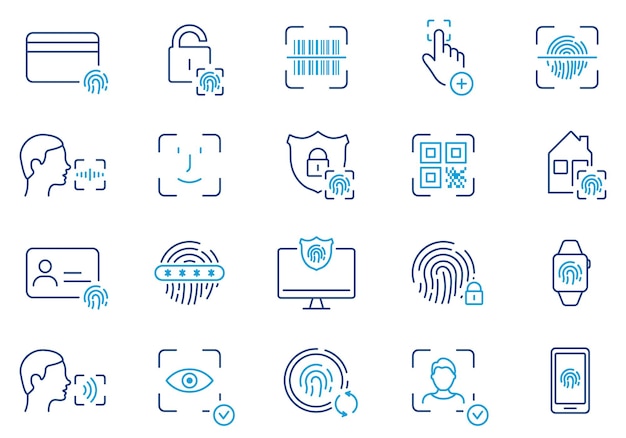 Conjunto de iconos de línea de identificación biométrica Face ID Touch ID Pictogramas de color Huella digital Identidad facial