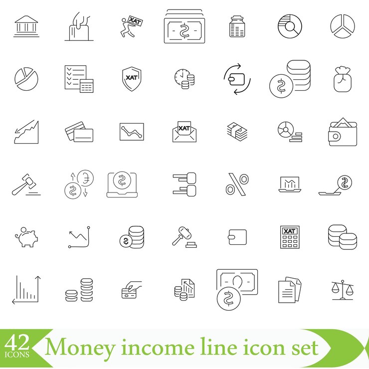Conjunto de iconos de línea de ingresos de dinero Crecimiento de ganancias del fondo de pensiones Banco de ahorro de finanzas Capital de vector mínimo Ilustración de signos de contorno simples para aplicación de inversión 30x30 píxeles Perfectos trazos editables