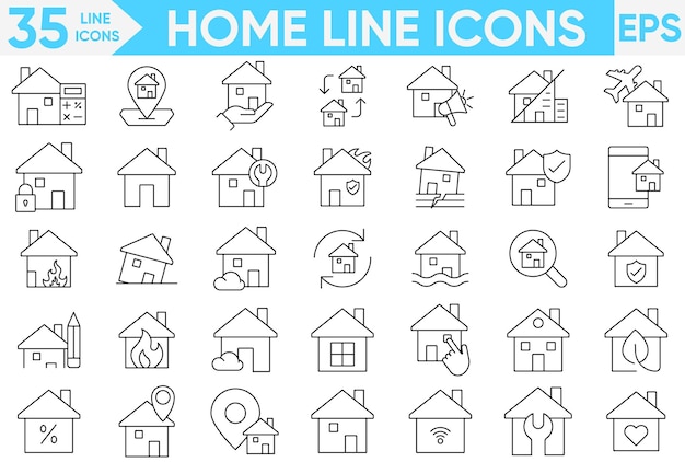 Conjunto de iconos de línea de inicio Propiedad Comprar Alquilar casa Colección de iconos Casa Protección Casa inteligente Colección de icones Conjunto vectorial e ilustrador