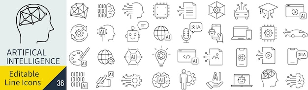 Conjunto de iconos de línea de inteligencia artificial