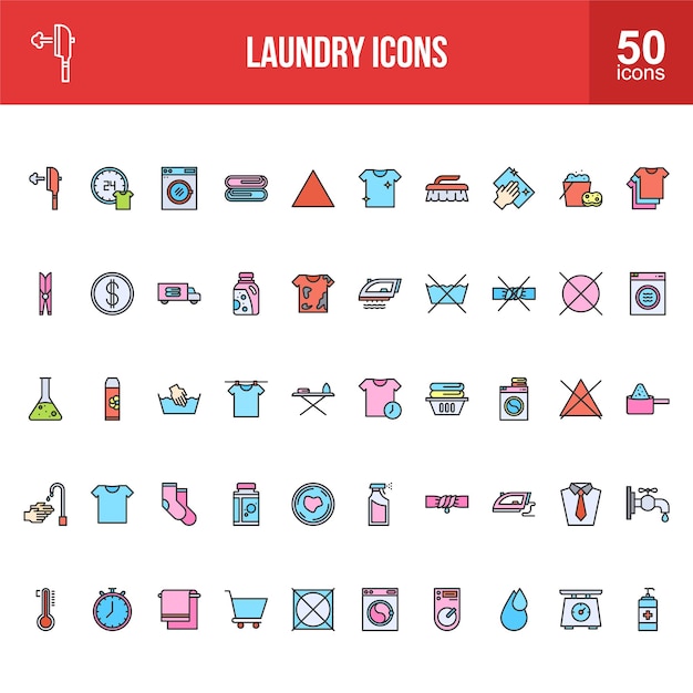Conjunto de iconos de línea llena de lavandería Limpieza de lavado