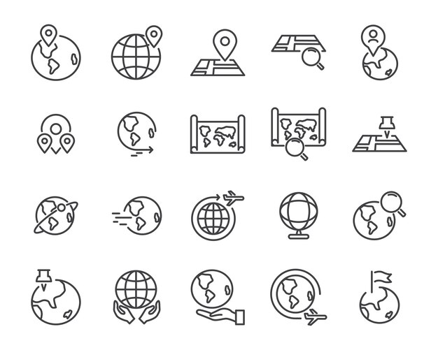 Conjunto de iconos de línea de mapa mundial