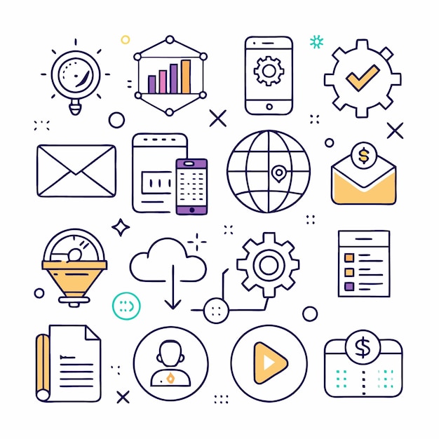 Conjunto de iconos de línea de marketing empresarial, SEO, redes sociales y desarrollo de aplicaciones móviles