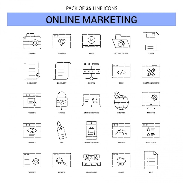 Conjunto de iconos de línea de marketing en línea - Estilo de esquema de 25 puntos