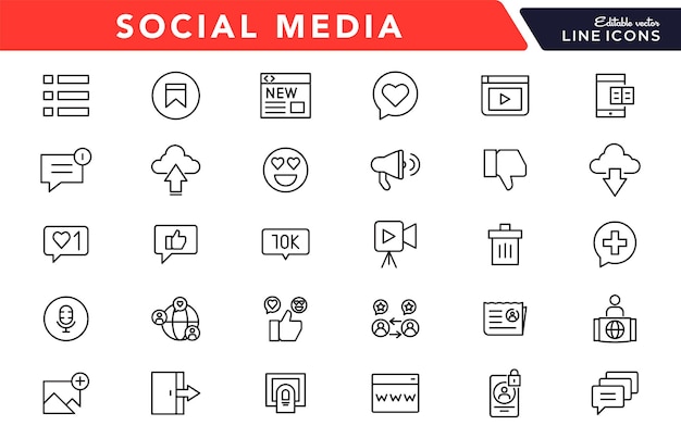 El conjunto de iconos de línea de medios sociales UI thin outline icon pack
