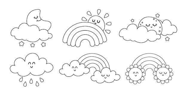 Conjunto de iconos de línea meteorológica sol y nubes luna y estrella arco iris y flor