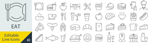 Conjunto de iconos de línea monocromática vectorial de comida y comedor